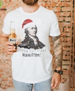Merry Christmas Hamilton wearing santa hat shirt