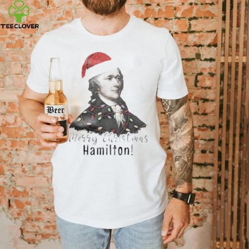 Merry Christmas Hamilton wearing santa hat shirt