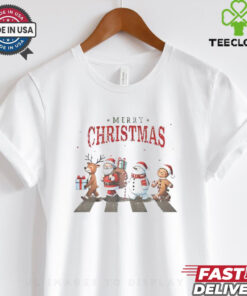 Merry Christmas reindeer santa snowman walking crossing shirt