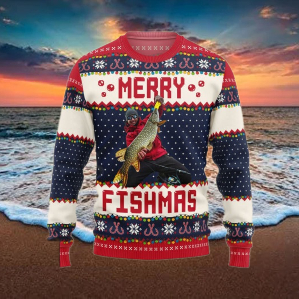 Merry Fishmas Gift For Fishing Lovers Personalized Photo Ugly Sweater Merry Fishmas Gift For Fishing Lovers Personalized Photo Ugly Sweater