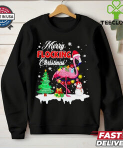 Merry Flocking Christmas Flamingo pink in Santa hat Xmas shirt