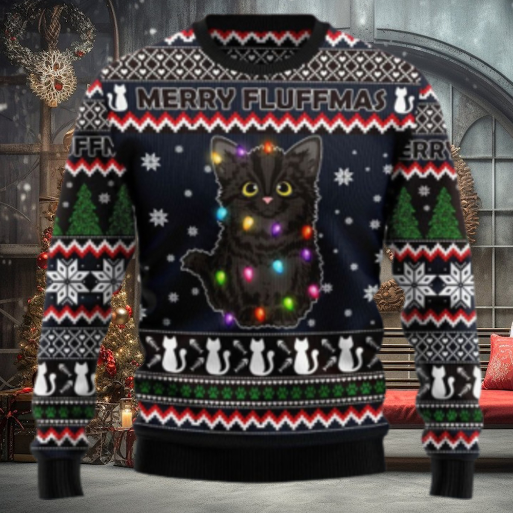 Merry Fluffmas Black Cat Ugly Christmas Sweater Merry Fluffmas Black Cat Ugly Christmas Sweater