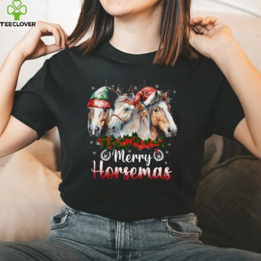 Merry Horsemas  Three Horses With Hats  Christmas Horse T Shirt