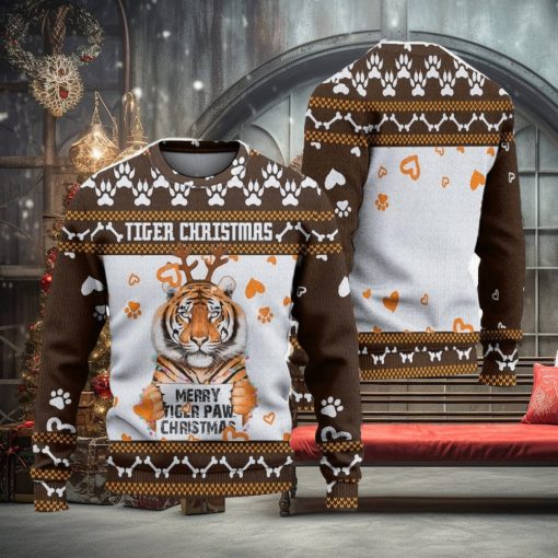 Merry Tiger Paw Ugly Christmas Sweater Knitted Gift For Men And Women