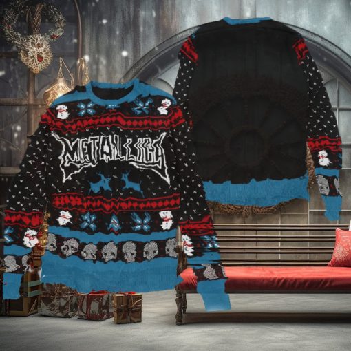 Metallica Christmas Holiday Style Snowflakes Reindeer Pattern Black And Blue 2024 Ugly Christmas Ugly Sweater