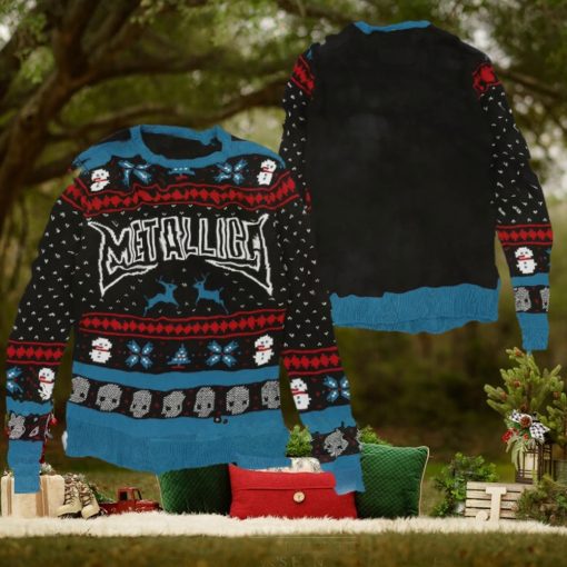 Metallica Christmas Holiday Style Snowflakes Reindeer Pattern Black And Blue 2024 Ugly Christmas Ugly Sweater