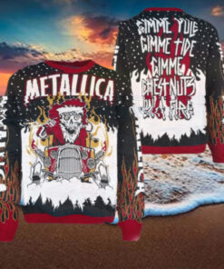 Metallica Gimme Yule Holiday Gimme Chest Nuts On A Fire Skeleton Santa On The Hot Rod Holiday Christmas Ugly Sweater