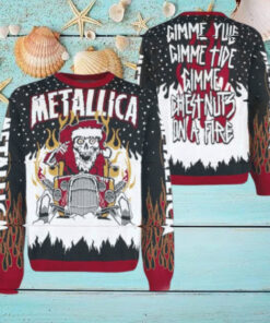 Metallica Gimme Yule Holiday Gimme Chest Nuts On A Fire Skeleton Santa On The Hot Rod Holiday Christmas Ugly Sweater