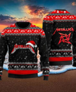 Metallica Signature Logo With Santa Hat Reindeer Pattern Black And Red Knitted Ugly Christmas Sweater