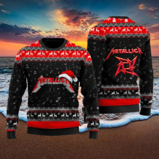 Metallica Signature Logo With Santa Hat Reindeer Pattern Black And Red Knitted Ugly Christmas Sweater