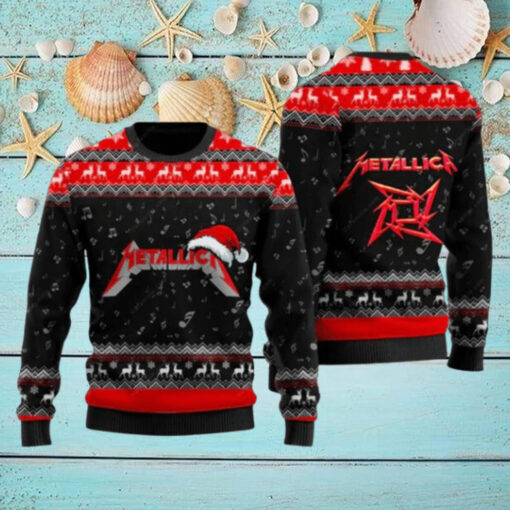 Metallica Signature Logo With Santa Hat Reindeer Pattern Black And Red Knitted Ugly Christmas Sweater