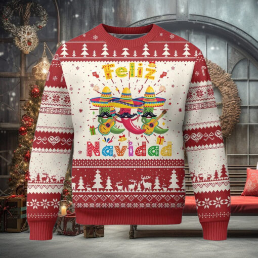 Mexico Xmas Ugly Christmas Sweater Feliz Navidad Mexican Fiesta Hot Pepper Guitar Party