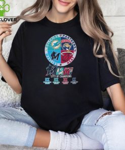 Miami City Of Champions Marlins 2x World Series Champs Dolphins 2x Super Bowl Champs Heat 3x NBA Finals Champs Panthers 1x Stanley Cup Champ Shirt