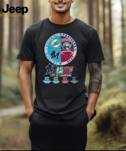 Miami City Of Champions Marlins 2x World Series Champs Dolphins 2x Super Bowl Champs Heat 3x NBA Finals Champs Panthers 1x Stanley Cup Champ Shirt