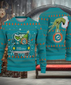 Miami Dolphins And Grinch Driving With Pine Trees Ugly Xmas Sweater Gift For Fans
