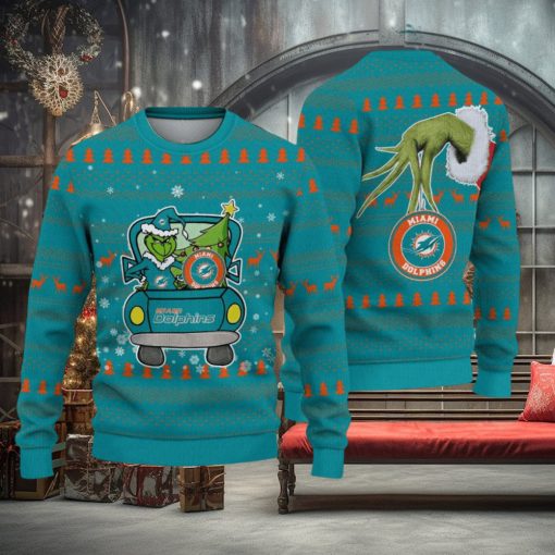 Miami Dolphins And Grinch Driving With Pine Trees Ugly Xmas Sweater Gift For Fans