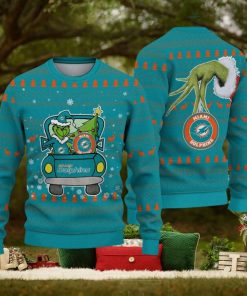 Miami Dolphins And Grinch Driving With Pine Trees Ugly Xmas Sweater Gift For Fans