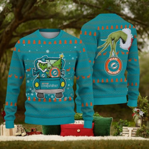 Miami Dolphins And Grinch Driving With Pine Trees Ugly Xmas Sweater Gift For Fans