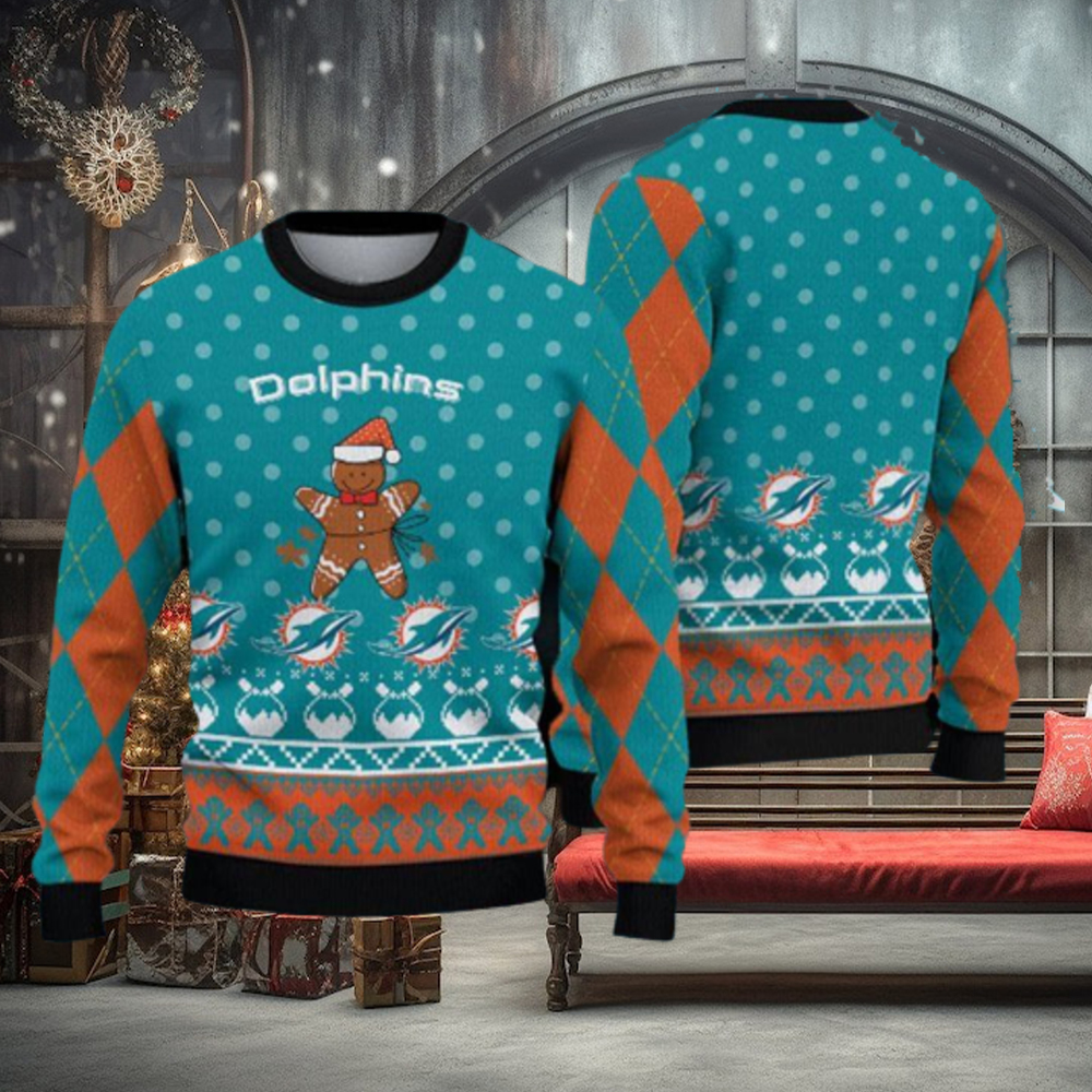 Miami Dolphins Christmas Gingerbread Man Knitted Ugly Christmas Sweater AOP  Gift For Men And Women - Limotees