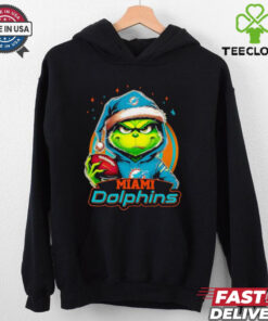 Miami Dolphins Grinch wearing Santa hat Christmas 2024 shirt
