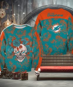 Miami Dolphins Skull And Rose Pattern Noel Halloween Ugly Sweater For Men And Women Gift Christmas