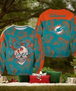 Miami Dolphins Skull And Rose Pattern Noel Halloween Ugly Sweater For Men And Women Gift Christmas