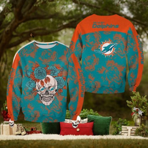 Miami Dolphins Skull And Rose Pattern Noel Halloween Ugly Sweater For Men And Women Gift Christmas