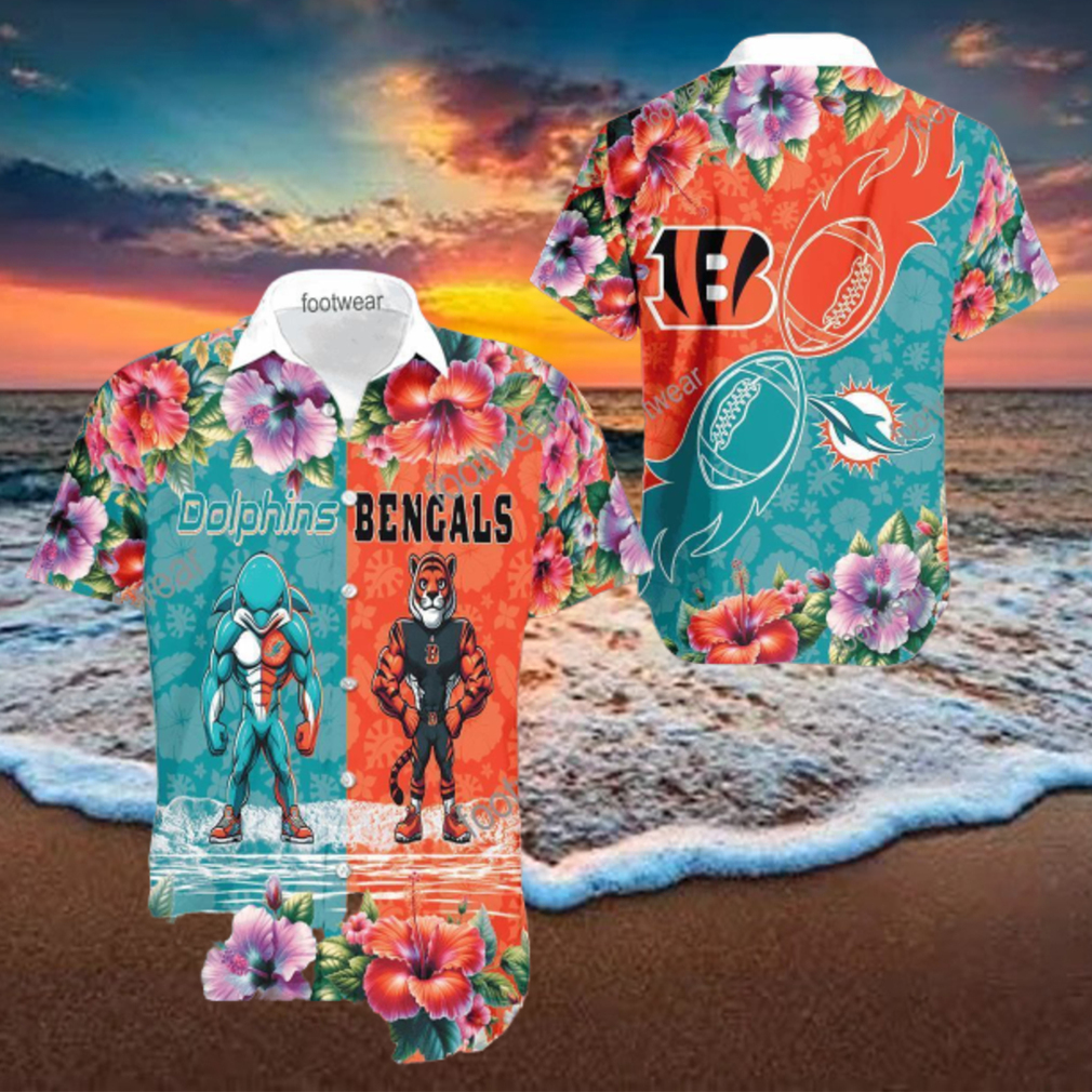 Miami Dolphins VS NFL Cincinnati Bengals Mascot Pocket Logo AOP Hawaiian Shirt For Men And Women Miami Dolphins VS NFL Cincinnati Bengals Mascot Pocket Logo AOP Hawaiian Shirt For Men And Women