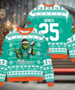 Miami Dolphins x Grinch Christmas Dr. Seuss How the Grinch Stole Christmas with Super Bowl Trophy Custom Ugly Christmas Sweater