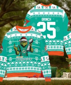 Miami Dolphins x Grinch Christmas Dr. Seuss How the Grinch Stole Christmas with Super Bowl Trophy Custom Ugly Christmas Sweater