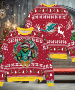 Miami Dolphins x Grinch NFL Dr. Seuss How the Grinch Stole Christmas with Super Bowl Trophy Ugly Christmas Sweater Red