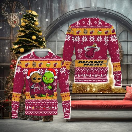 Miami Heat Baby Groot And Grinch Best Friends Football American New 3D Sweater Gift Ugly Christmas