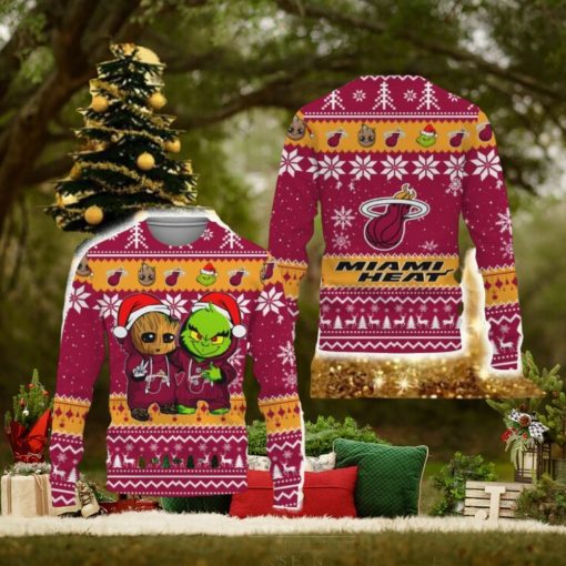 Miami Heat Baby Groot And Grinch Best Friends Football American New 3D Sweater Gift Ugly Christmas