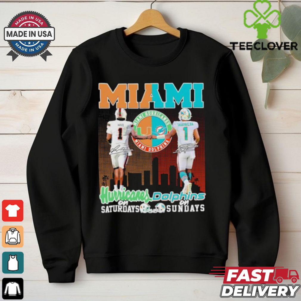 Miami Hurricanes Cam Ward On Saturdays X Miami Dolphins Tua Tagovailoa On Sundays Shirt Miami Hurricanes Cam Ward On Saturdays X Miami Dolphins Tua Tagovailoa On Sundays Shirt
