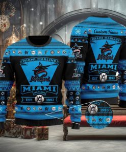 Miami Marlins Football Team Logo Custom Name Personalized Ugly Christmas Sweater Christmas Gift For Big Fans