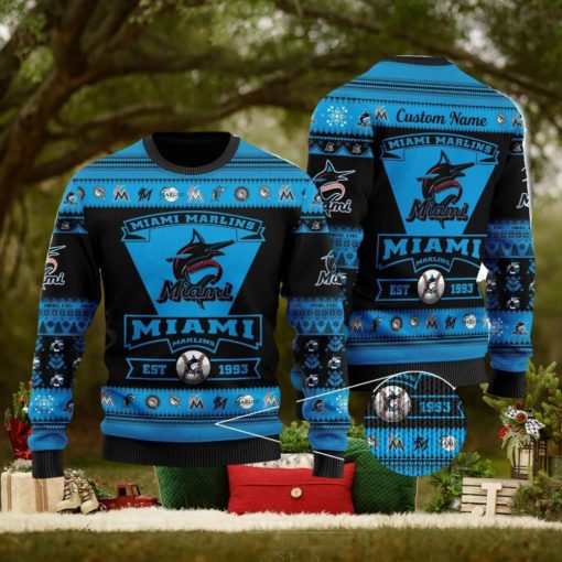 Miami Marlins Football Team Logo Custom Name Personalized Ugly Christmas Sweater Christmas Gift For Big Fans