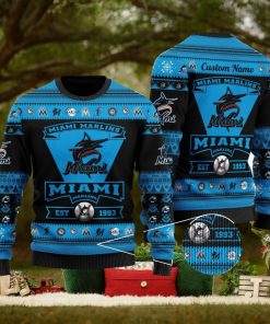 Miami Marlins Football Team Logo Ugly Christmas Sweater Custom Name Christmas For Fans