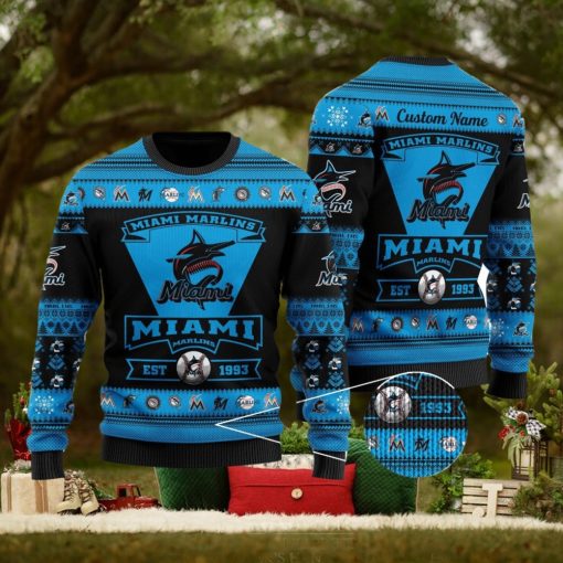 Miami Marlins Football Team Logo Ugly Christmas Sweater Custom Name Christmas For Fans