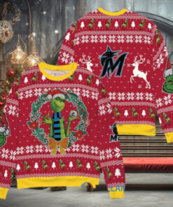 Miami Marlins x Grinch Dr. Seuss How the Grinch Stole Christmas MLB with World Series Trophy Ugly Christmas Sweater Red