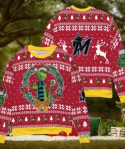 Miami Marlins x Grinch Dr. Seuss How the Grinch Stole Christmas MLB with World Series Trophy Ugly Christmas Sweater Red