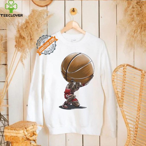 Michael Jordan in the style of Atlas holding the world of basketball on his shoulders shirt