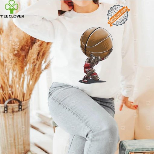 Michael Jordan in the style of Atlas holding the world of basketball on his shoulders shirt