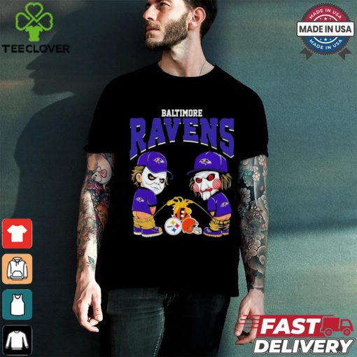 Michael Myers And Billy The Puppet X Baltimore Ravens Pee On NFL Teams Halloween Shirt