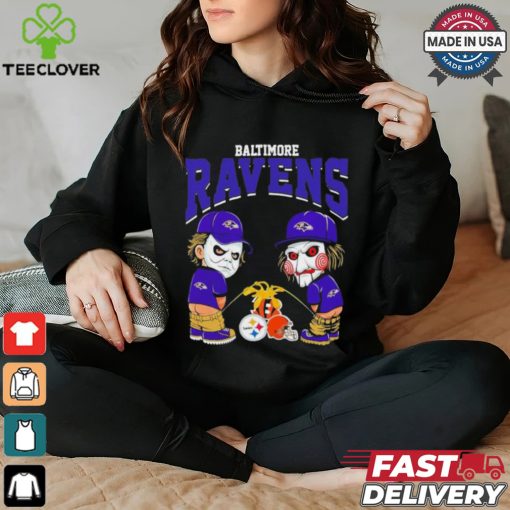 Michael Myers And Billy The Puppet X Baltimore Ravens Pee On NFL Teams Halloween Shirt