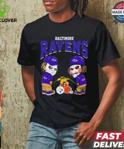 Michael Myers And Billy The Puppet X Baltimore Ravens Pee On NFL Teams Halloween Shirt