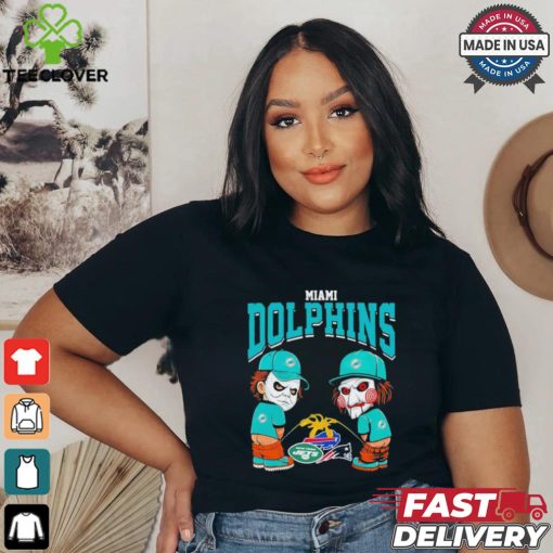 Michael Myers And Billy The Puppet X Miami Dolphins Pee On NFL Teams Halloween Shirt