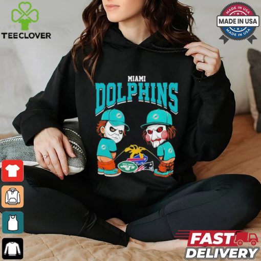 Michael Myers And Billy The Puppet X Miami Dolphins Pee On NFL Teams Halloween Shirt