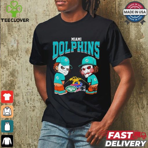 Michael Myers And Billy The Puppet X Miami Dolphins Pee On NFL Teams Halloween Shirt