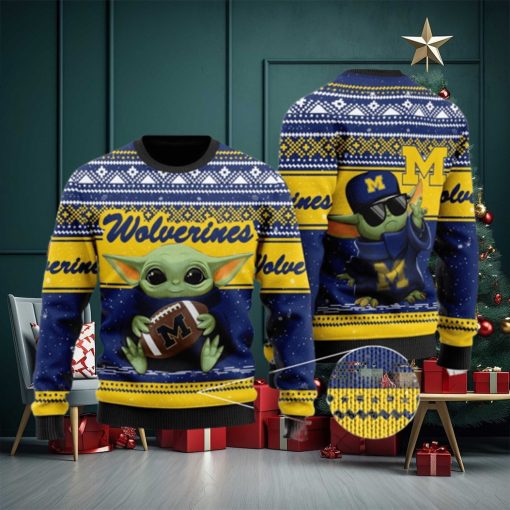 Michigan Wolverines Grogu Baby Yoda Hug Logo Ugly Christmas Sweater