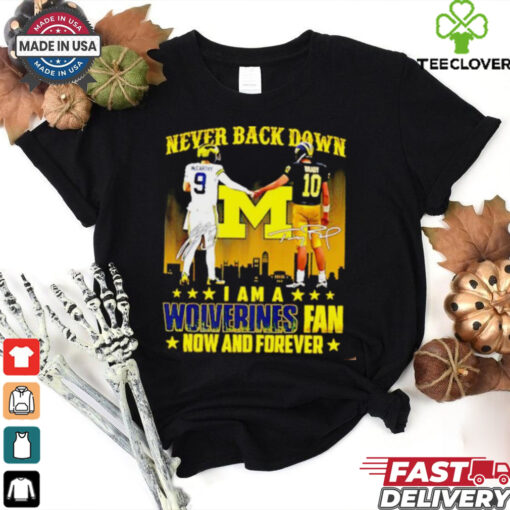 Michigan Wolverines J.J. McCarthy and Alex Orji never back down I am a Wolverines fan shirt